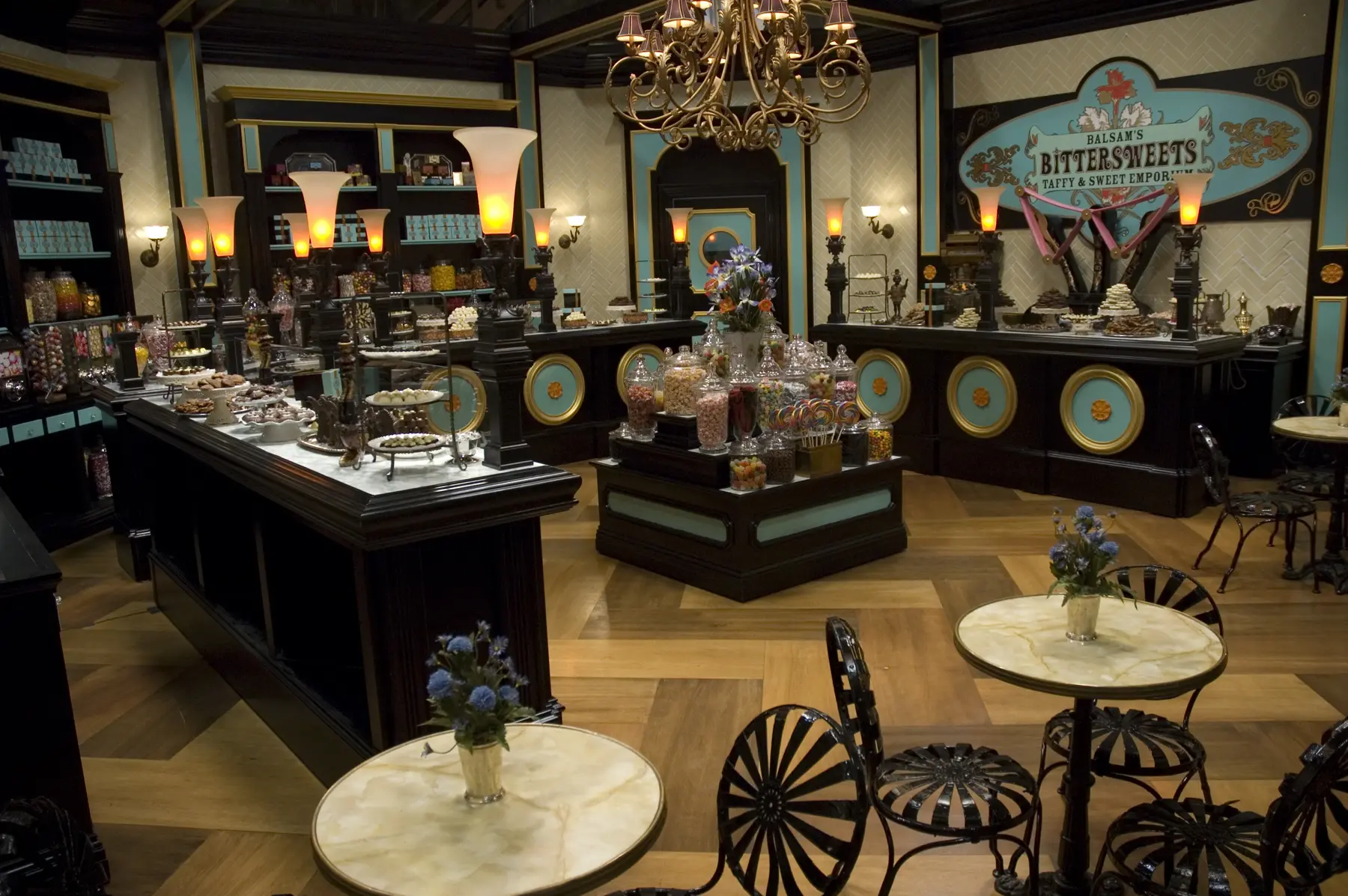 Charming sweet shop with decorative tables