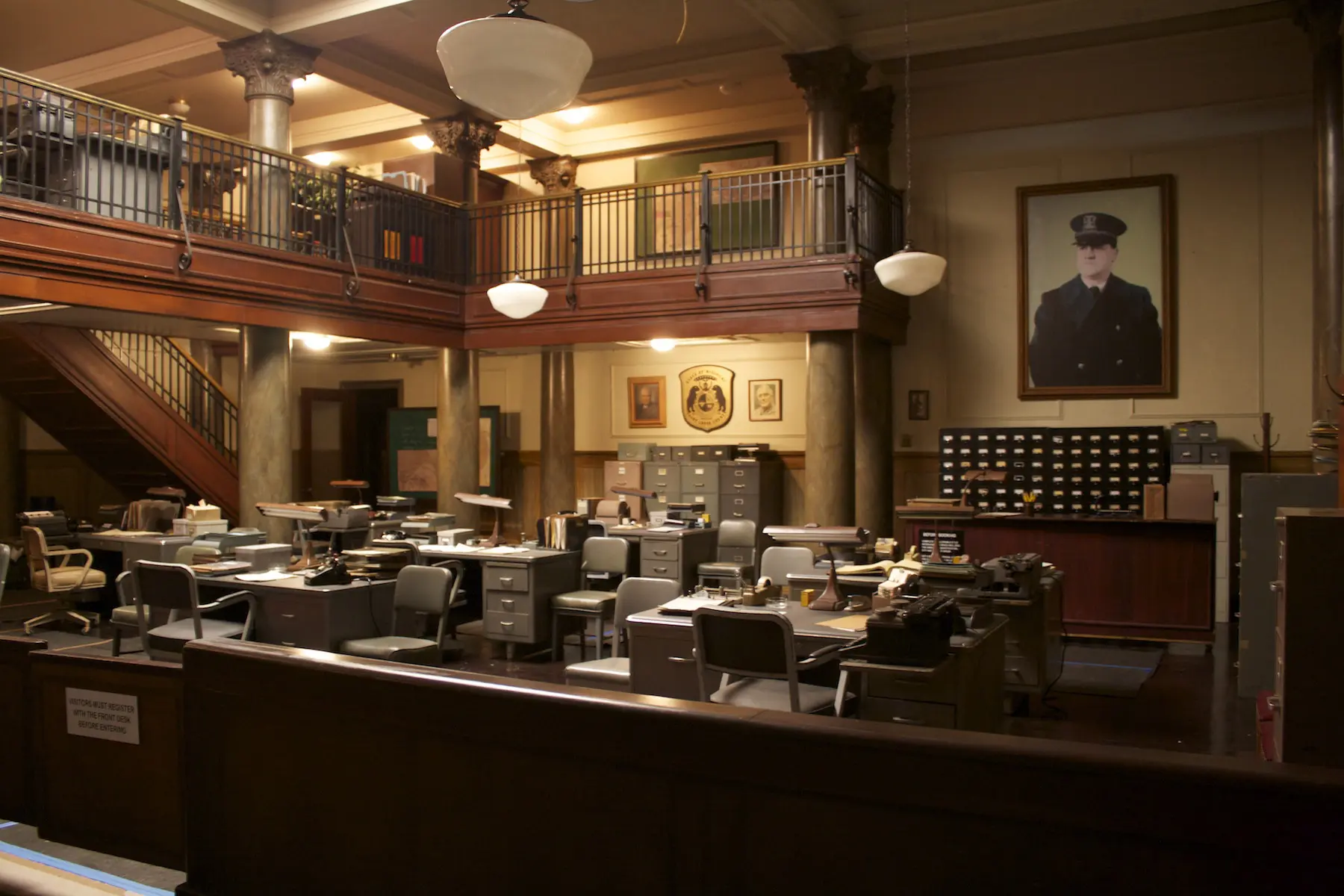 Vintage police station interior with desks