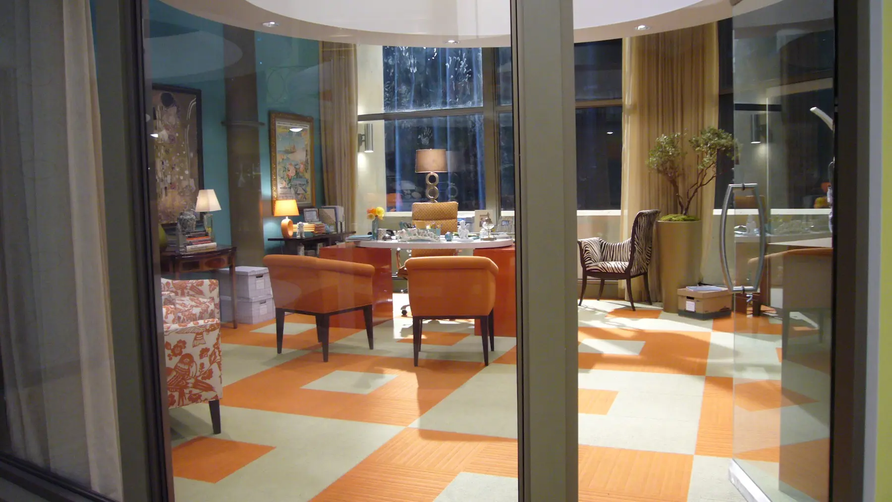 Elegant office interior with large windows