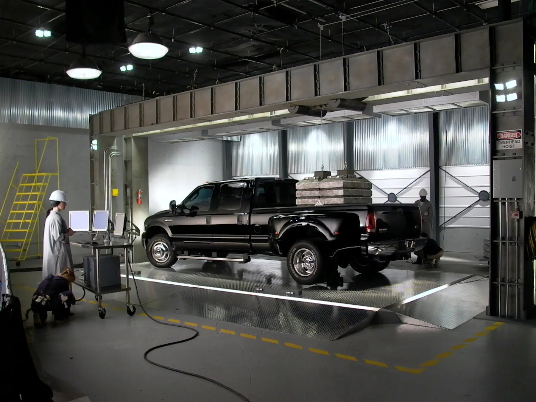 Industrial testing of black pickup truck