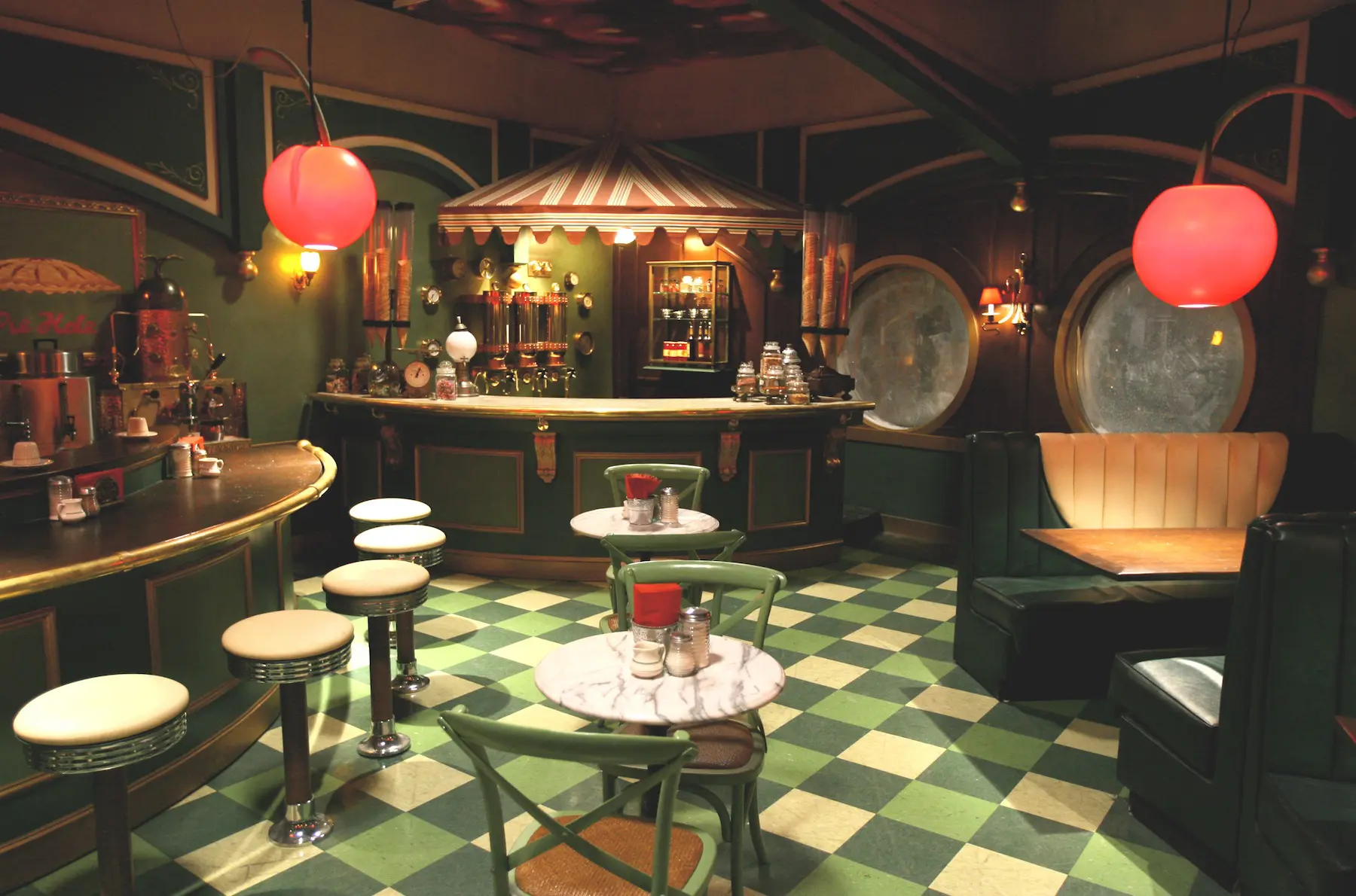 Cozy bar interior with round tables