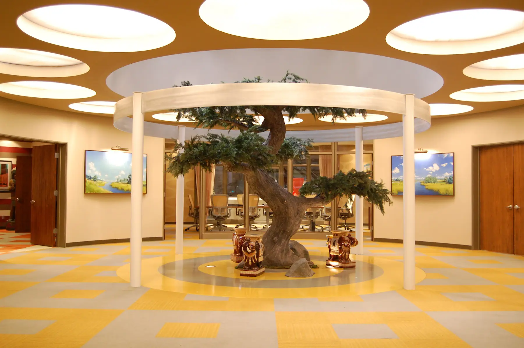Contemporary lobby design with art displays