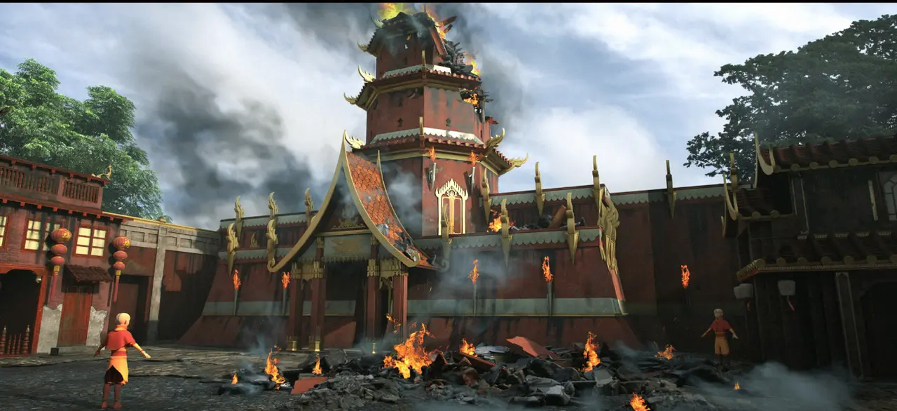 Flames consuming ancient temple structure