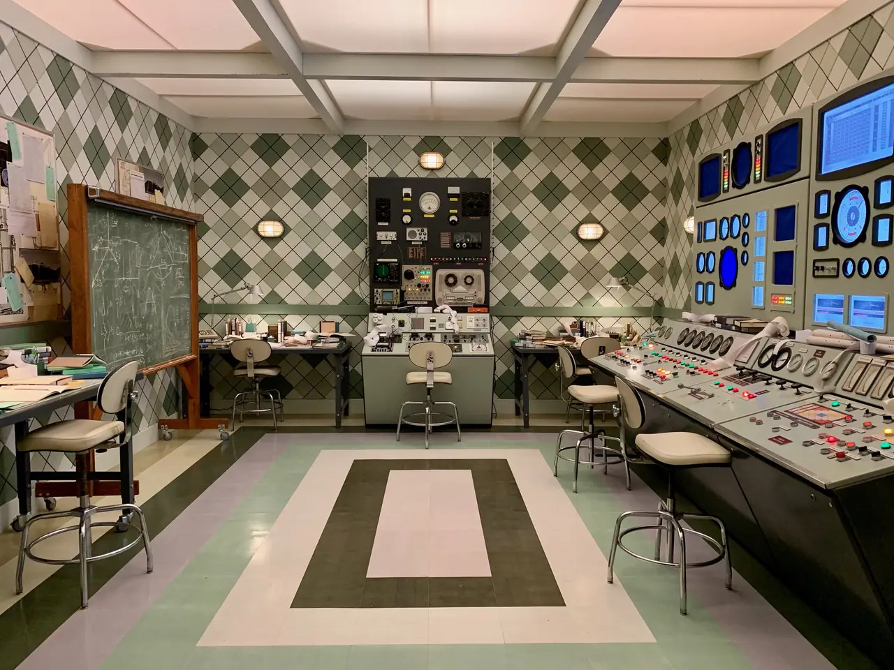 Old-fashioned control room with dials and gauges