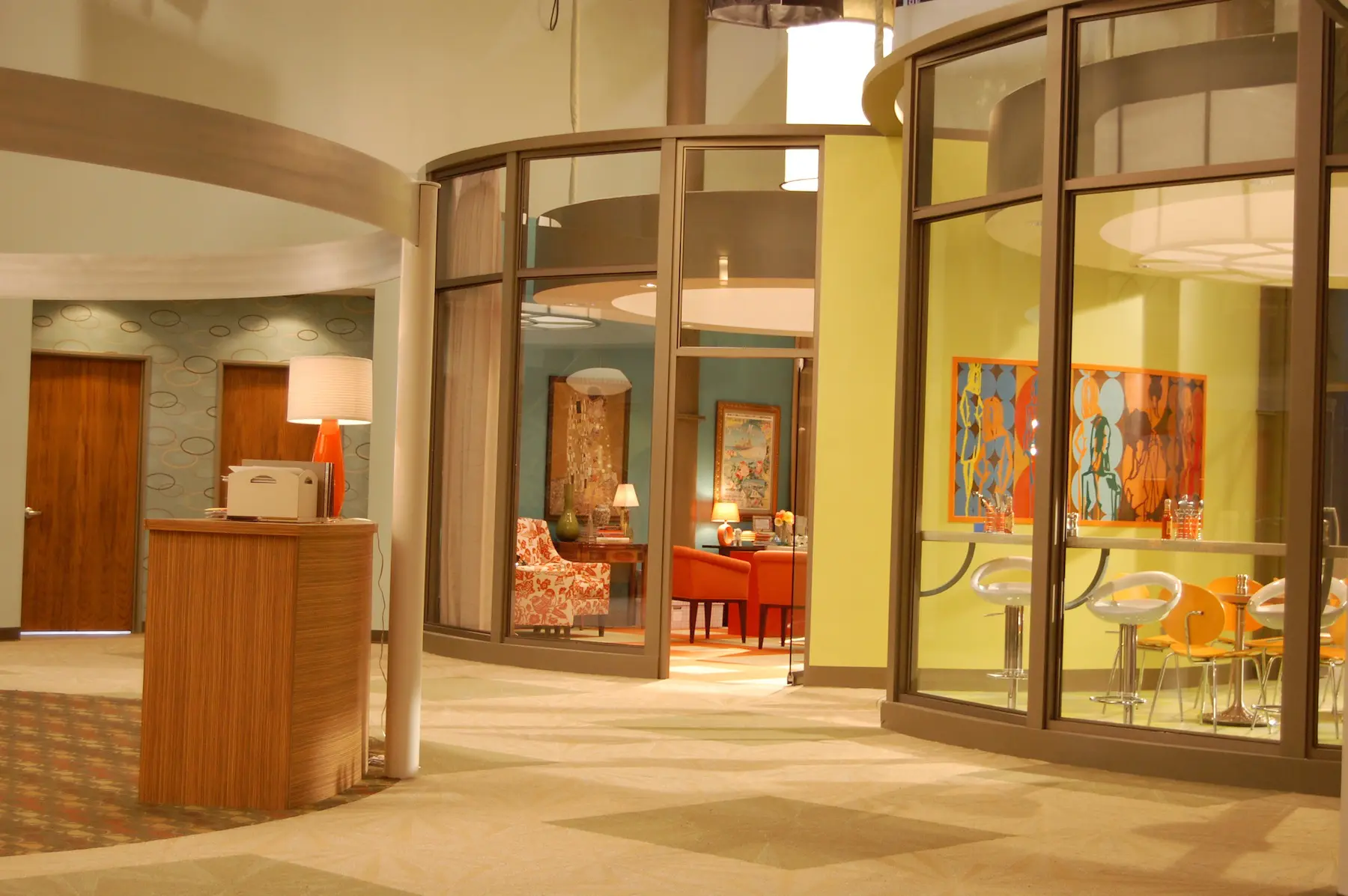 Modern office lobby with colorful decor