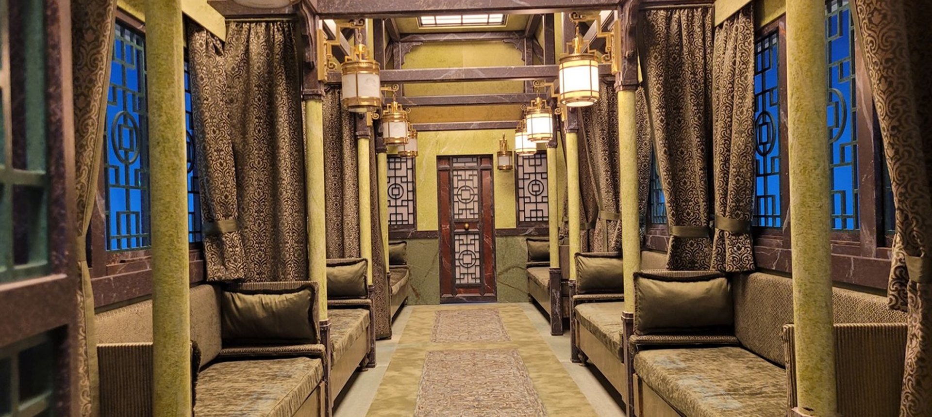 Traditional train with hanging lanterns